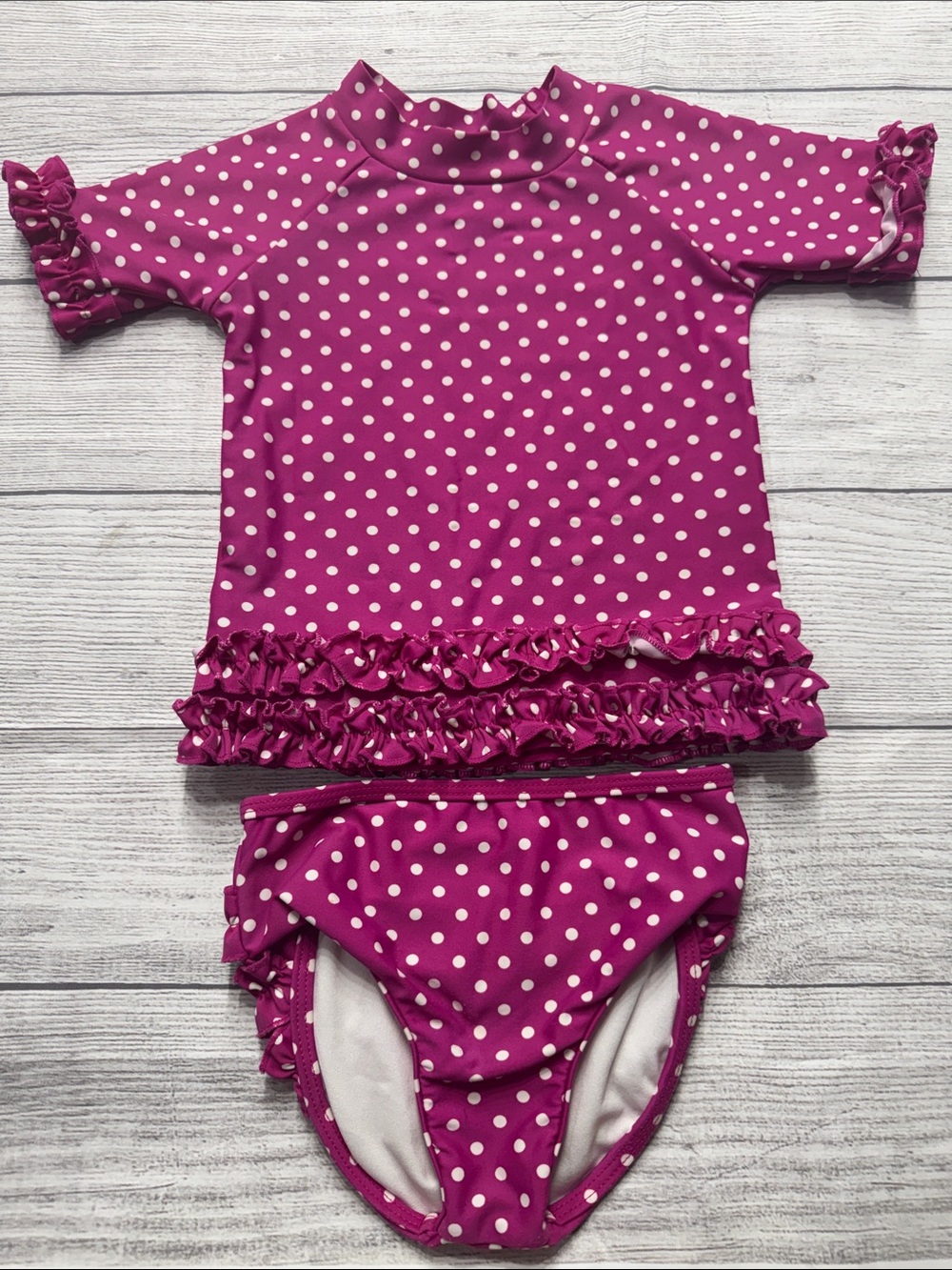 Ruffle Butts Toddler Girls Fuchsia Polka Dot Ruffled Rash Guard Swim Set